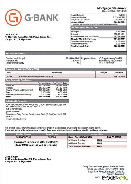 Modèle Word et PDF de relevé d'hypothèque de la Myanmar Glory Farmer Development Bank (G Bank)